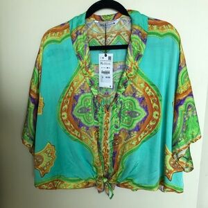 Zara Turquoise and Orange Patterned Blouse